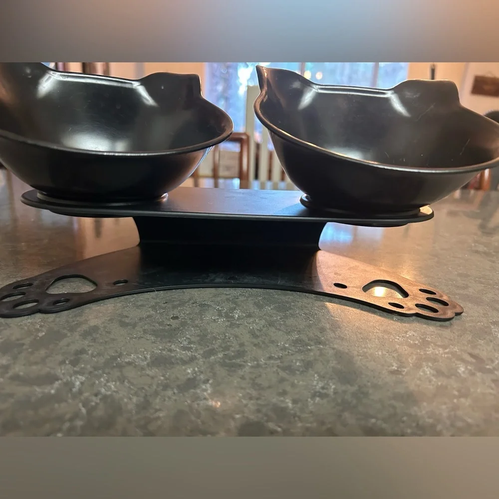 Cat head shaped off the floor bowls for cats (or 🐶 dog!) & NWTs 16”x12” pet mat.